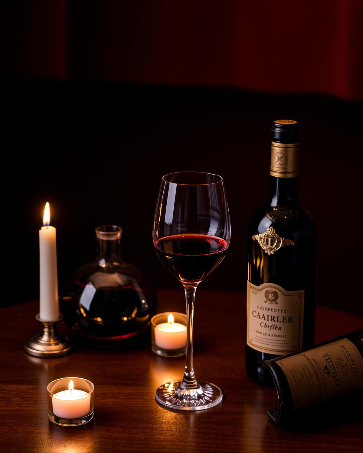 Crystal glass of red wine beside decanter and candlelight in an intimate tasting setting.