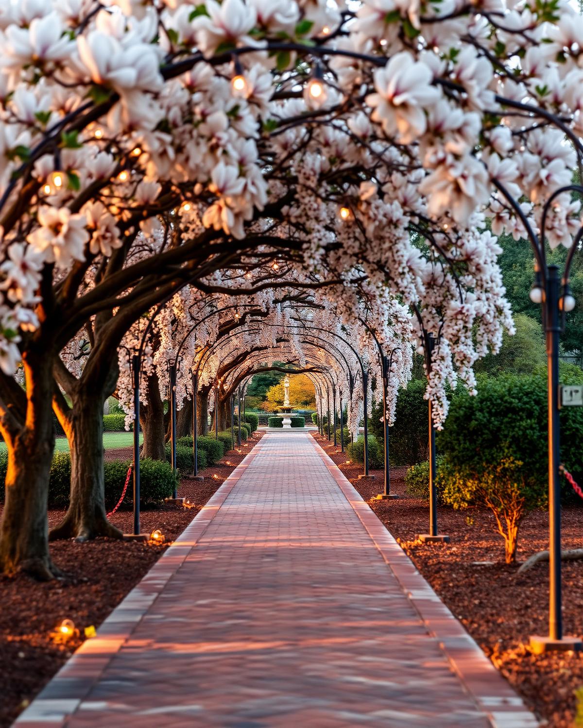 Southern estate garden pathway with blossoming magnolia arches at golden hour.