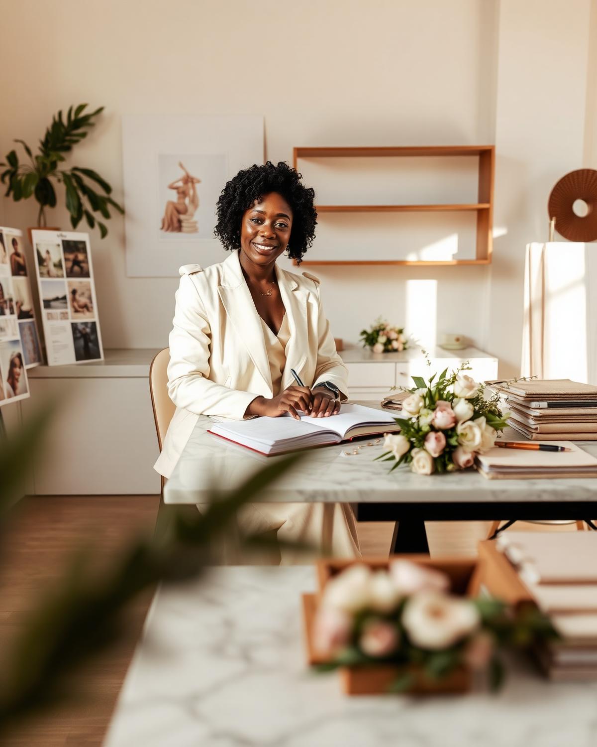 Wedding-industry entrepreneur working in a bright atelier with mood boards and florals.