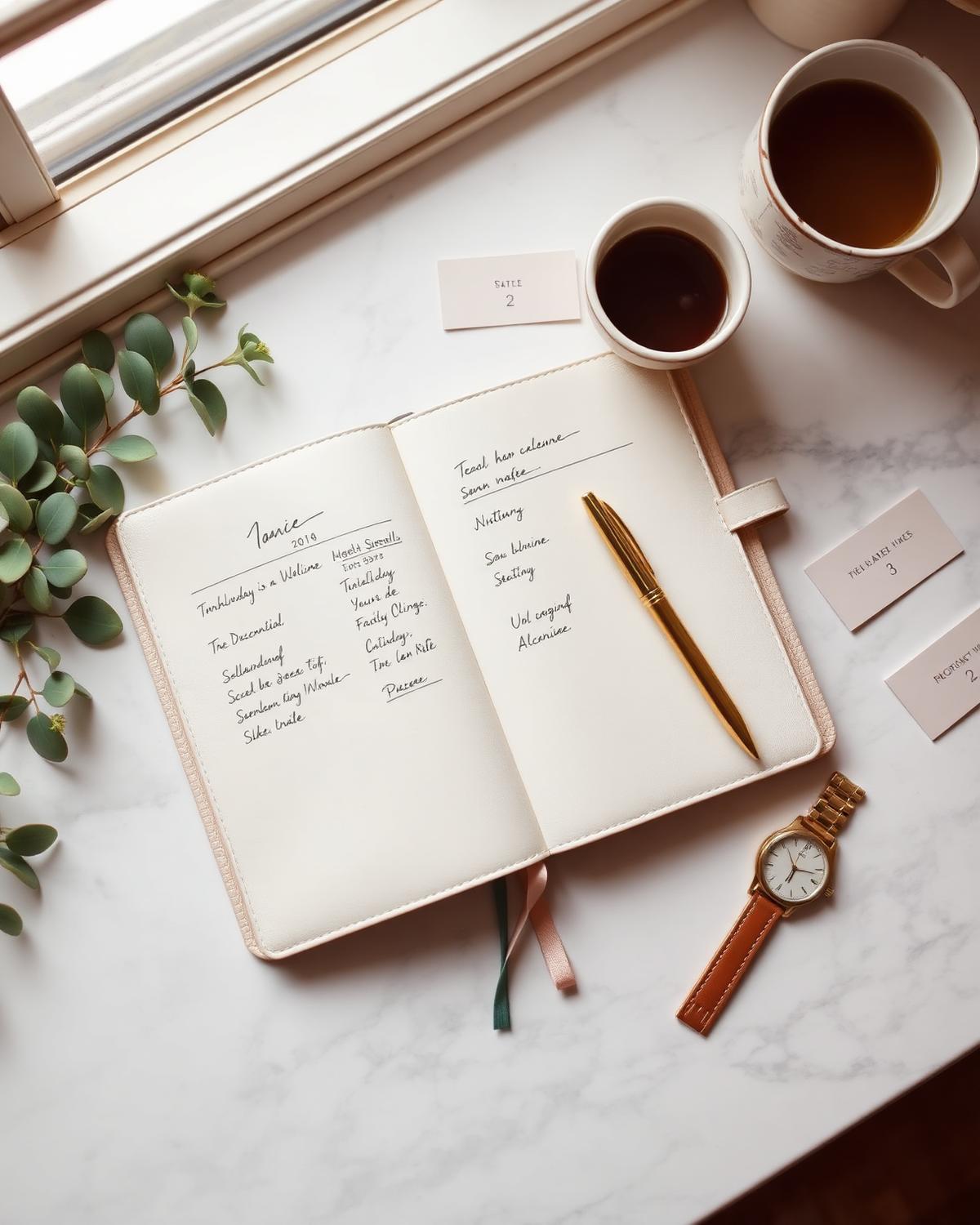 Cream leather notebook with a handwritten wedding-day timeline, gold pen, eucalyptus, and coffee on marble.