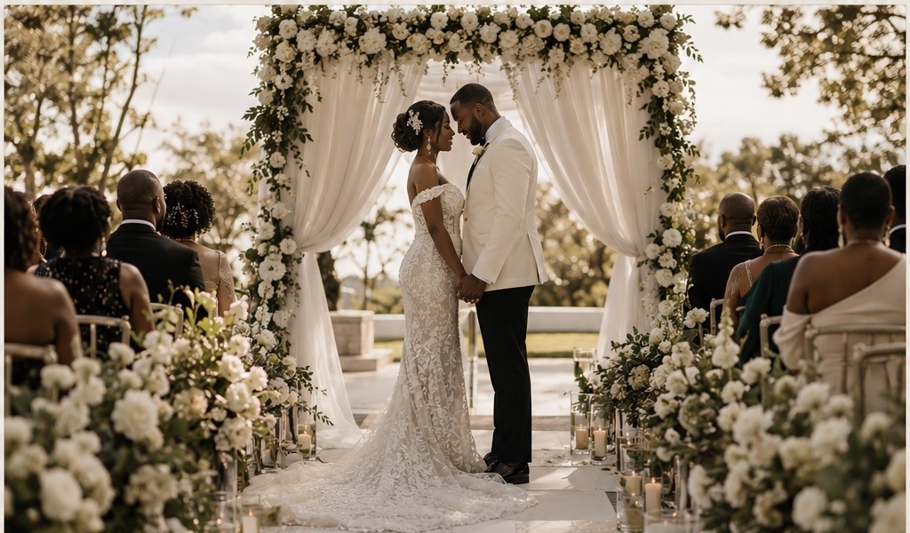 Luxury outdoor wedding ceremony with a couple exchanging vows beneath an elegant floral arch.