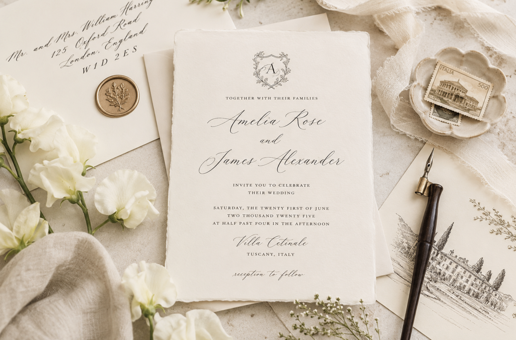 Luxury wedding invitation suite featuring elegant handwritten English calligraphy on premium stationery with refined editorial styling.