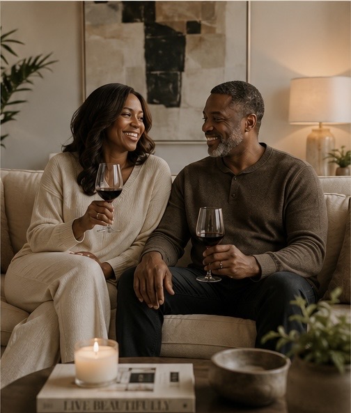 Married couple enjoying a relaxed evening together, celebrating life beyond the wedding day.